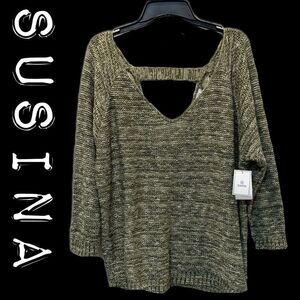 NWT SUSINA Olive green/white knit Deep V-Neck Strap Back Sweater Size 1X